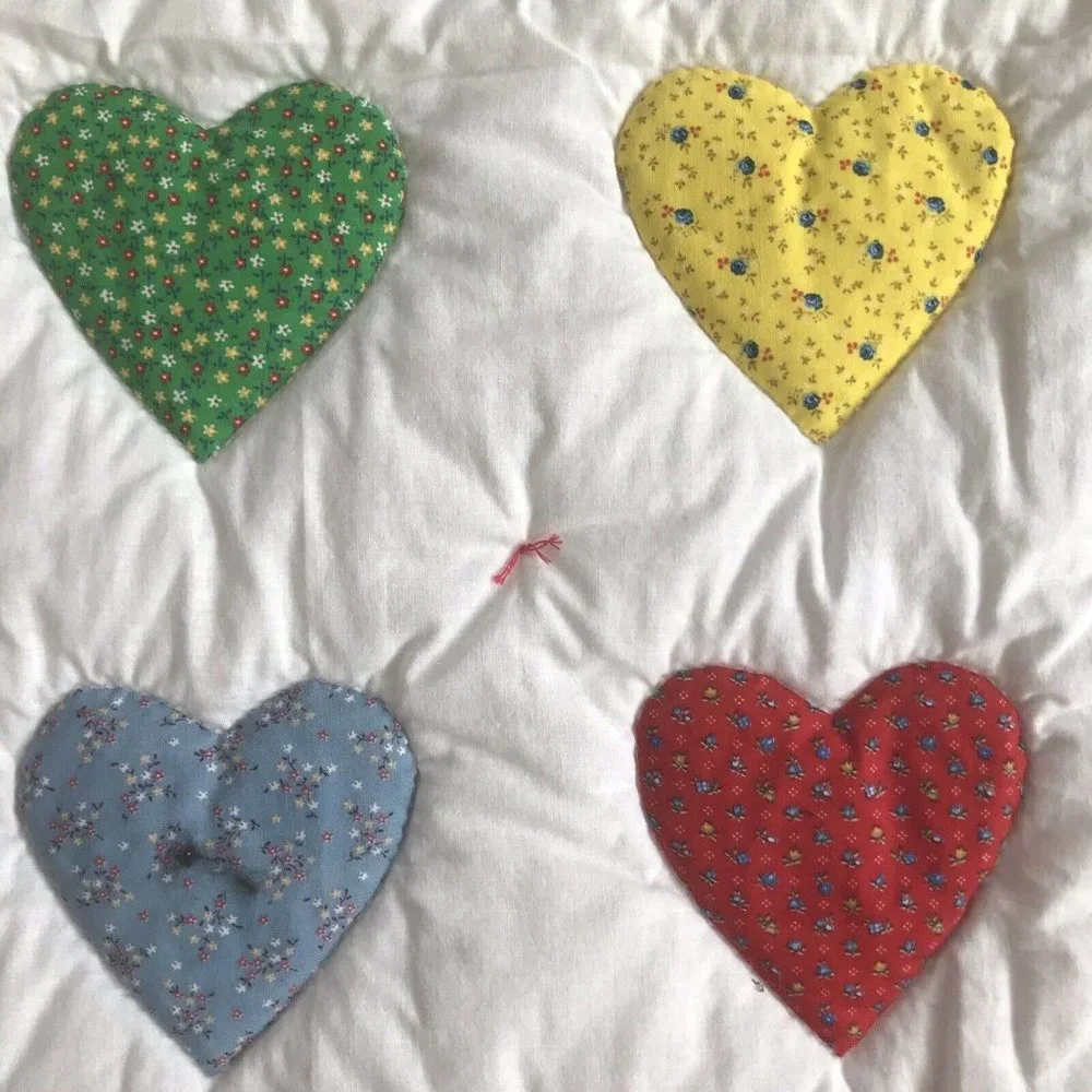 Hand tied puffy hearts quilt applique floral micro print blue‎ polka dot 33x34